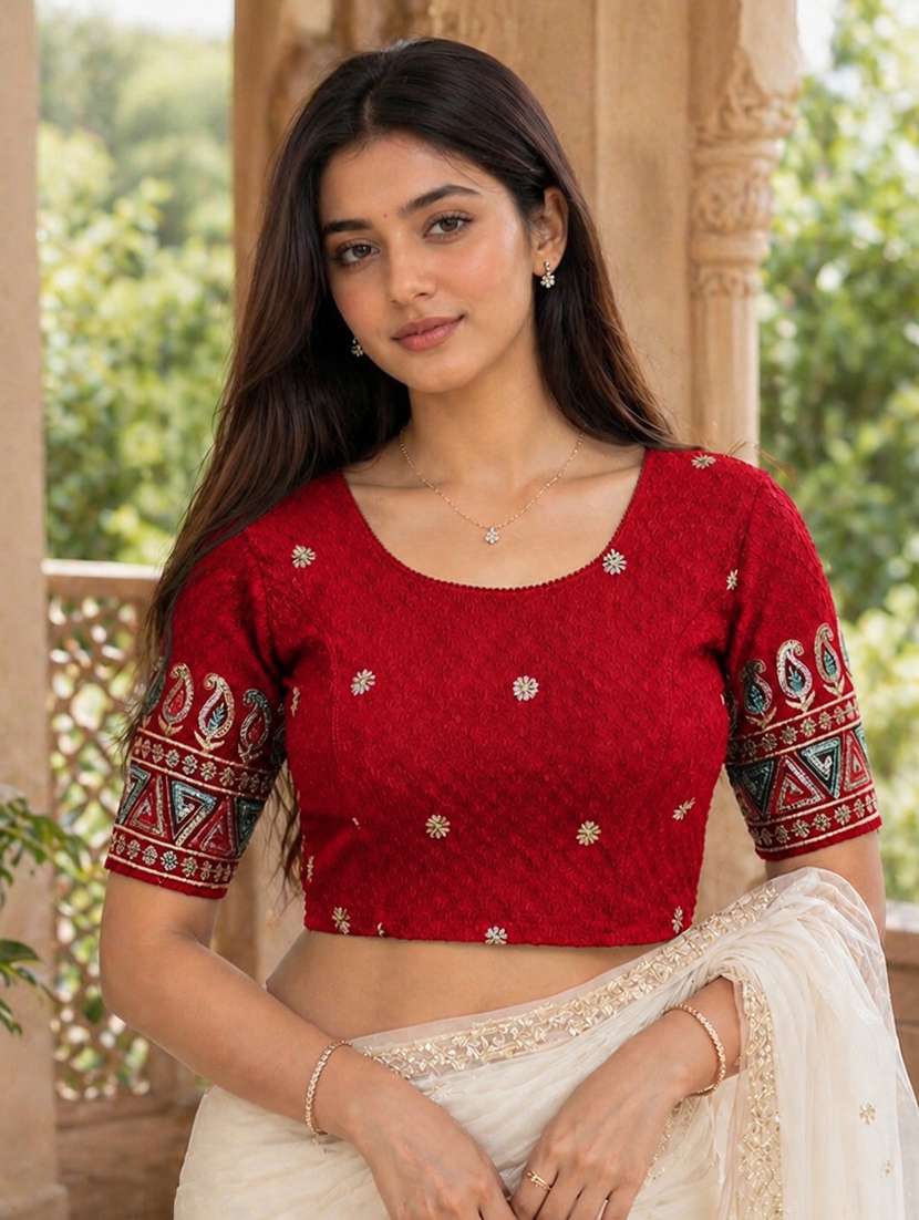 women embroidered round neck stitched blouse