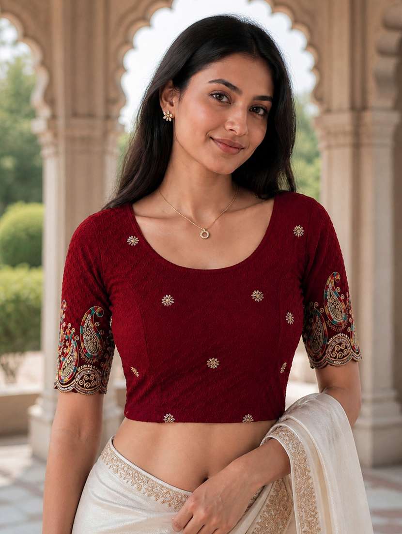 women embroidered round neck stitched blouse