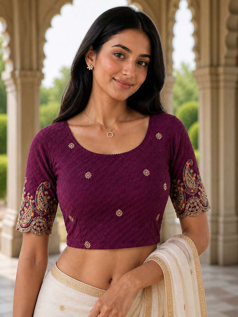 women embroidered round neck stitched blouse
