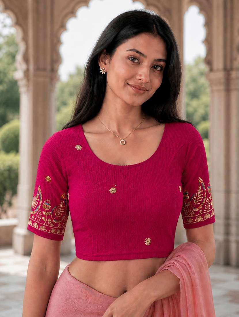 women embroidered round neck stitched blouse