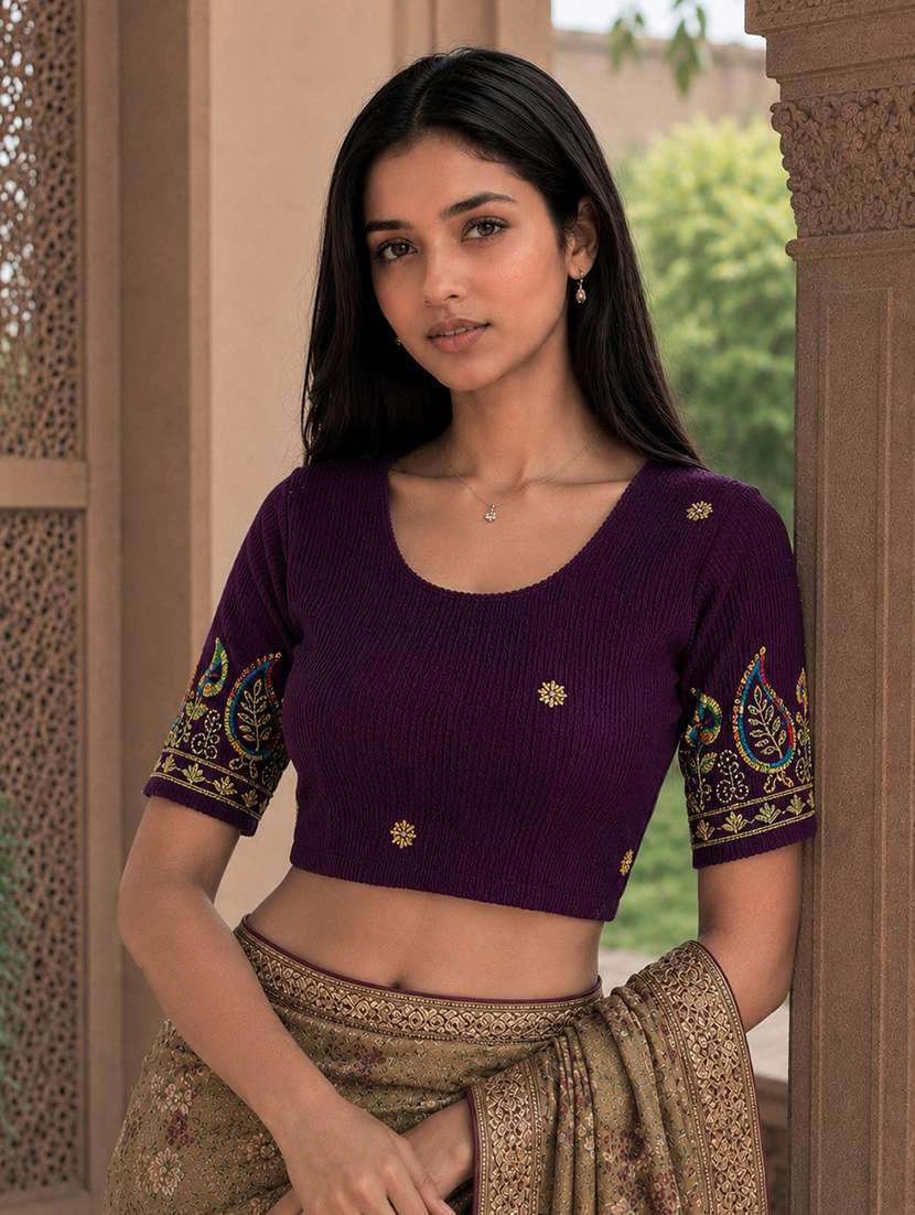 women embroidered round neck stitched blouse