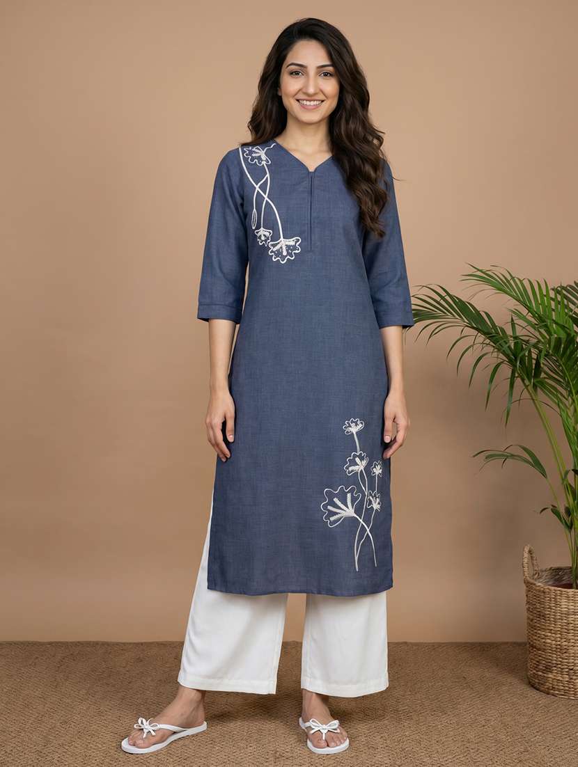 women embroidered three quarter sleeve straight kurta
