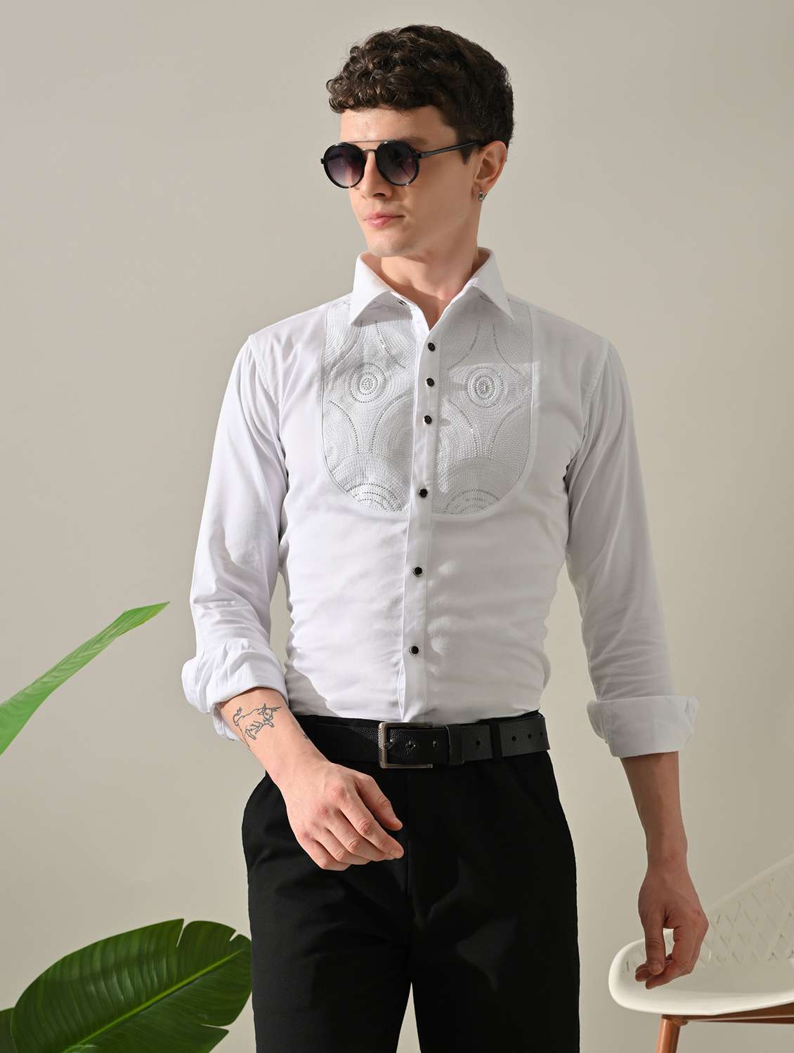 men embellished long sleeve slim fit casual shirt