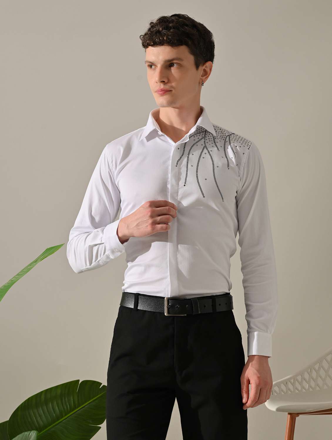 men embellished long sleeve slim fit casual shirt