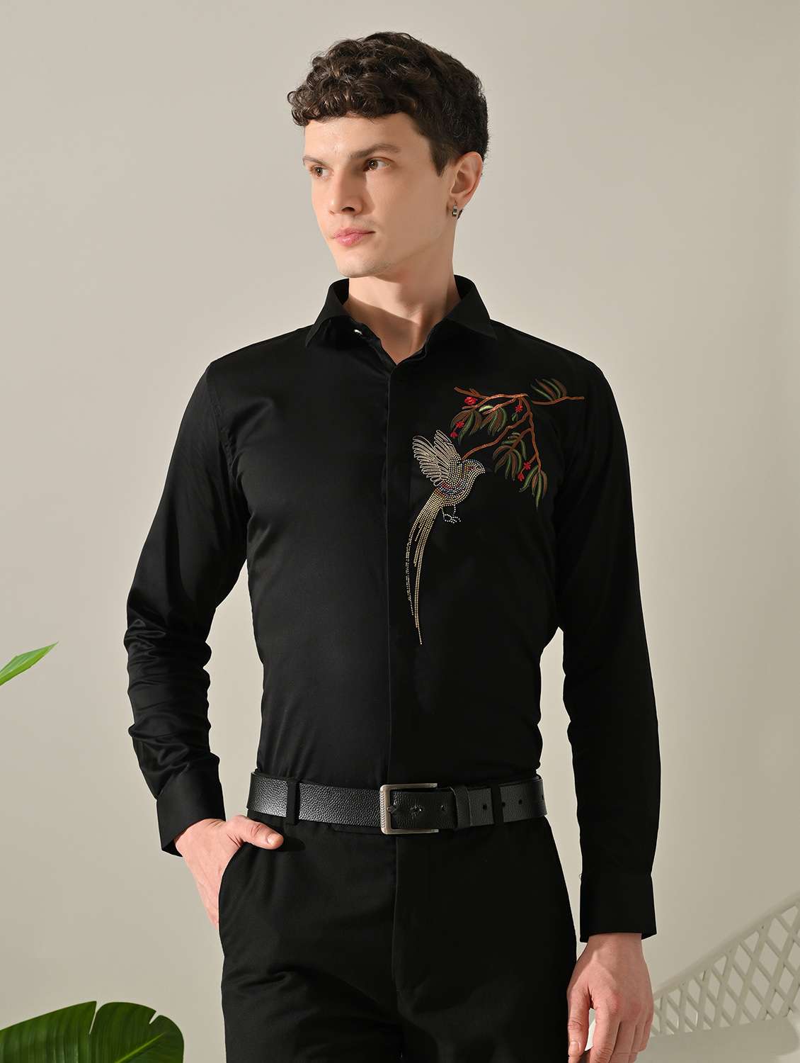 men embellished long sleeve slim fit casual shirt