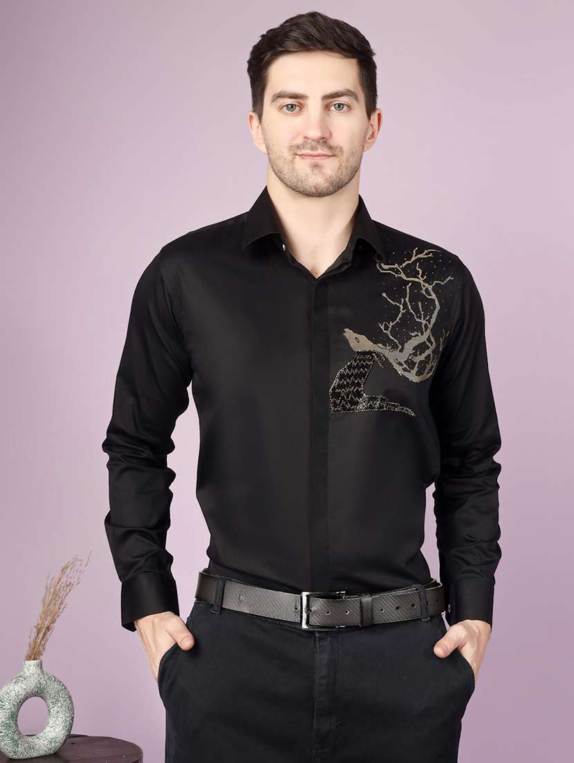 men embellished long sleeve slim fit casual shirt