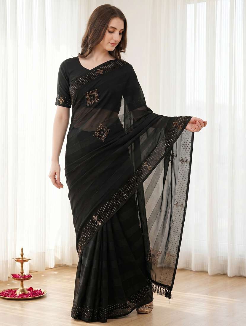 women solid with embellished saree with blouse