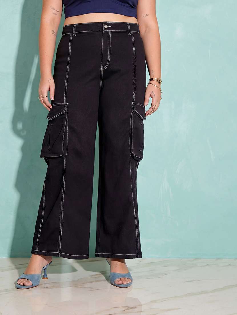 black high rise wide leg denim solid cargo pants - 22564832 -  Standard Image - 2