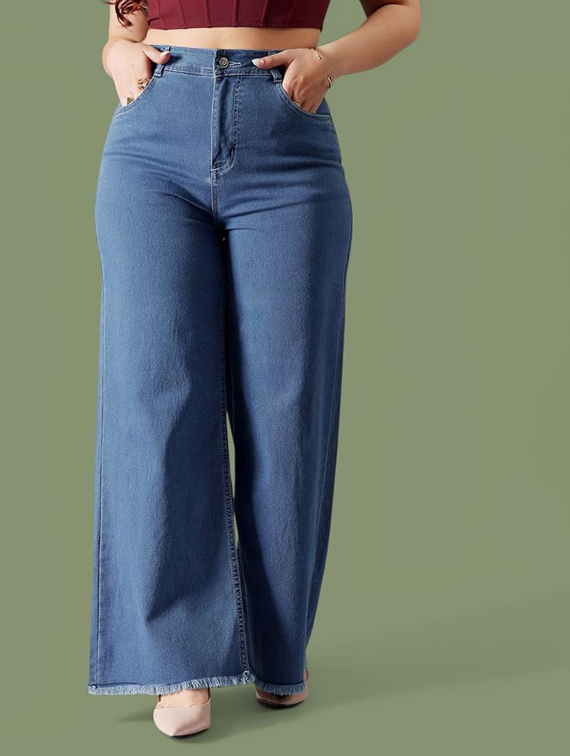 women solid high rise wide leg jeans