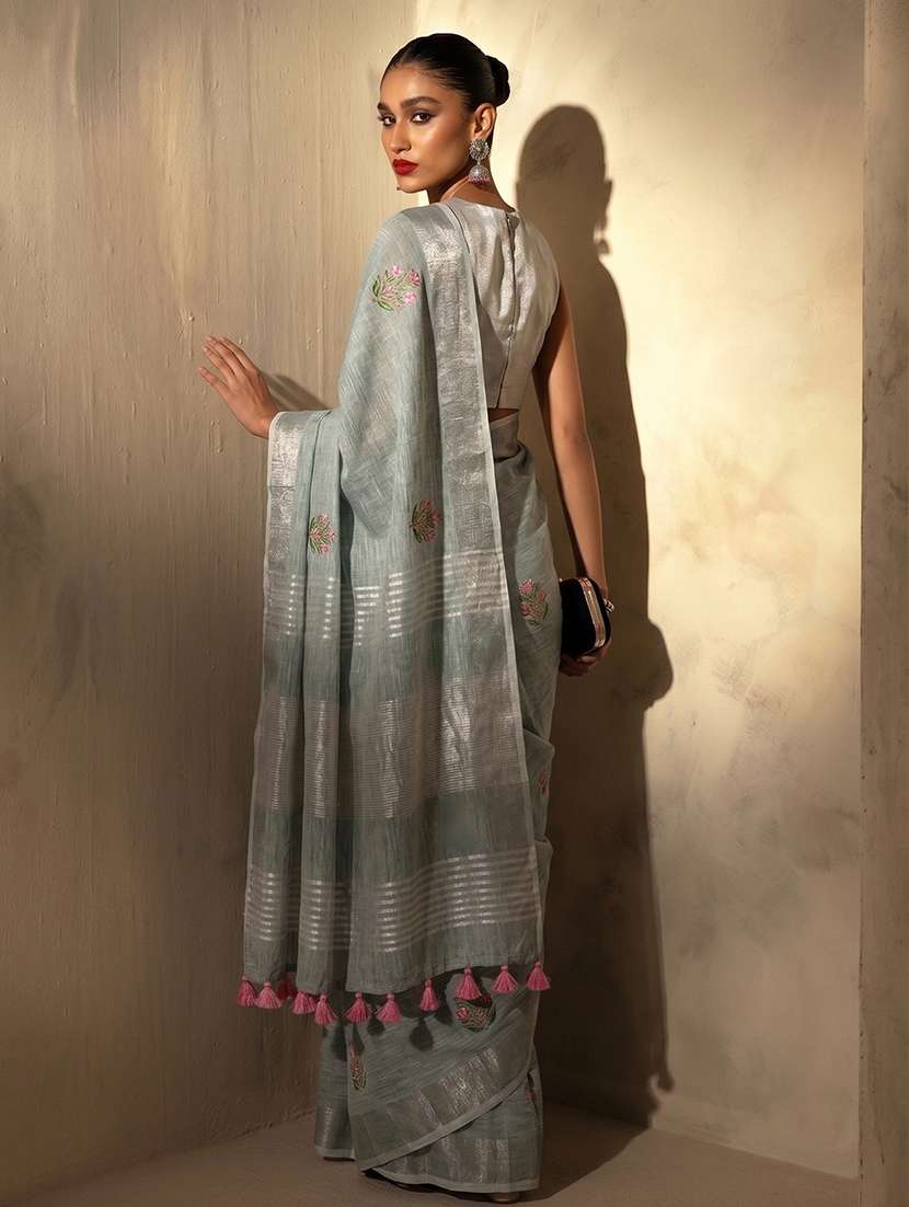Women Solid With Work Embroidered Saree With Blouse - 22565085 -  Standard Image - 2