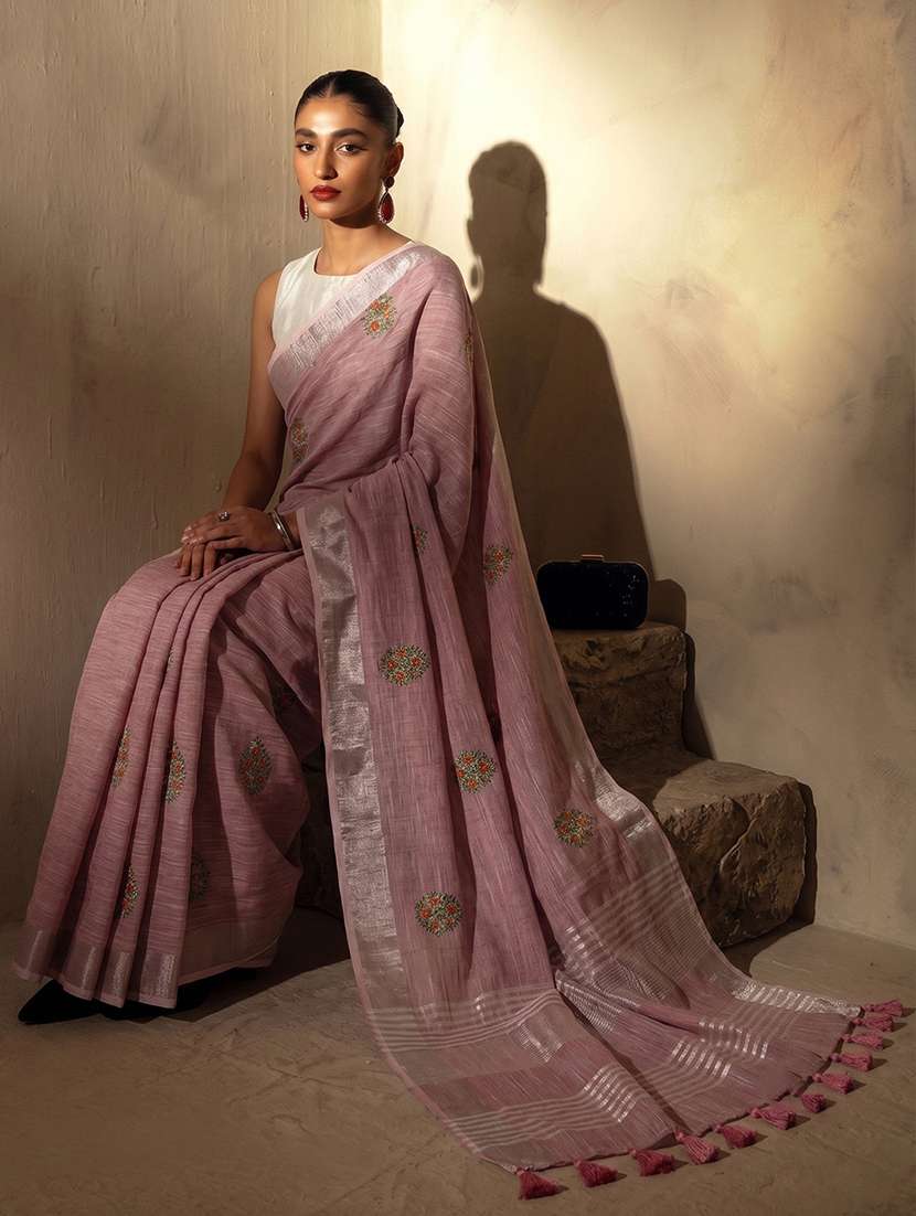 Women Solid With Work Embroidered Saree With Blouse - 22565087 -  Standard Image - 2