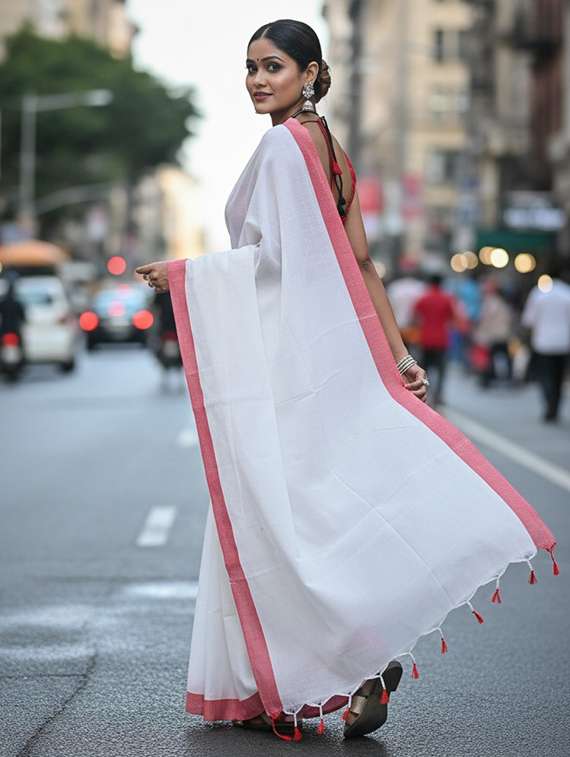 women solid with bordered handloom saree - 22565339 -  Standard Image - 2