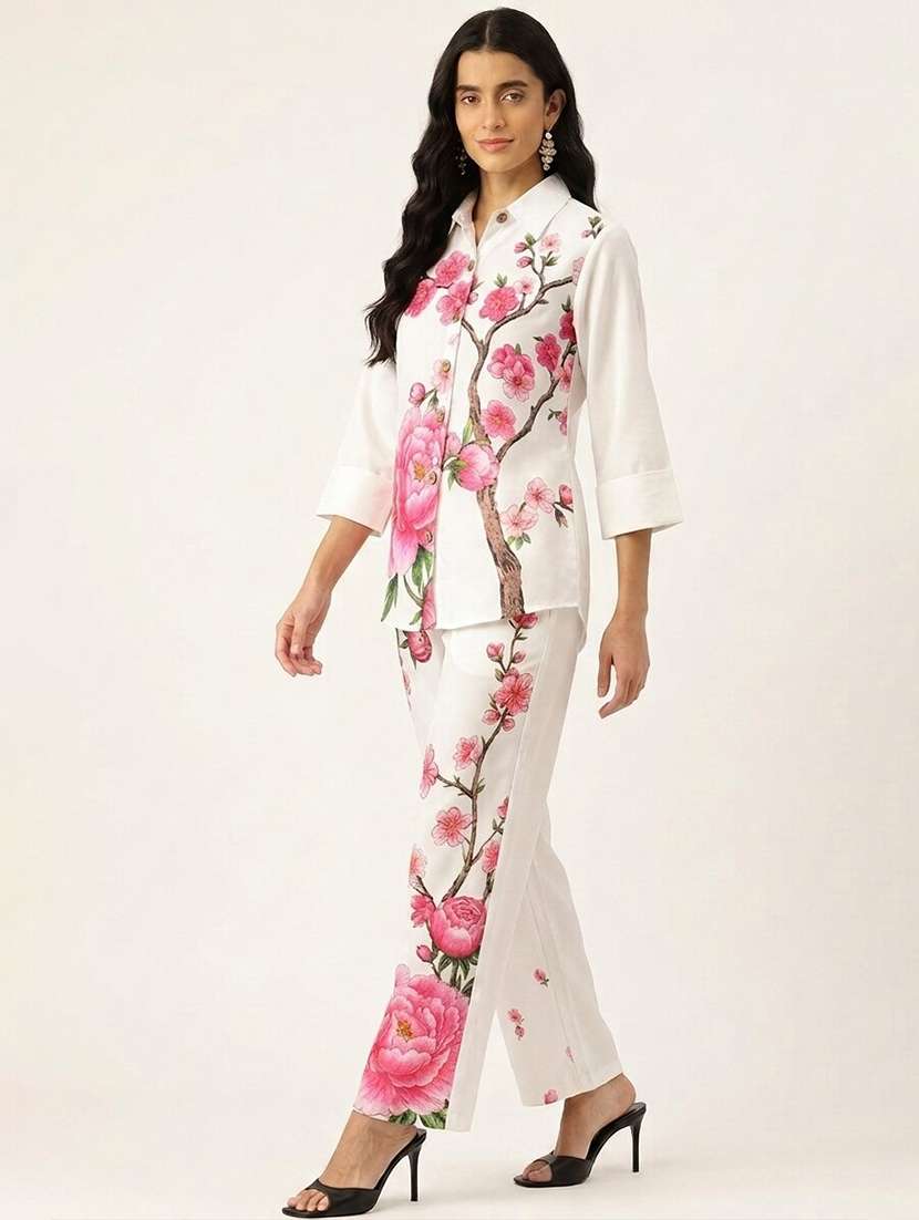 women printed three quarter sleeves shirt and trouser co-ord set - 22565362 -  Standard Image - 2
