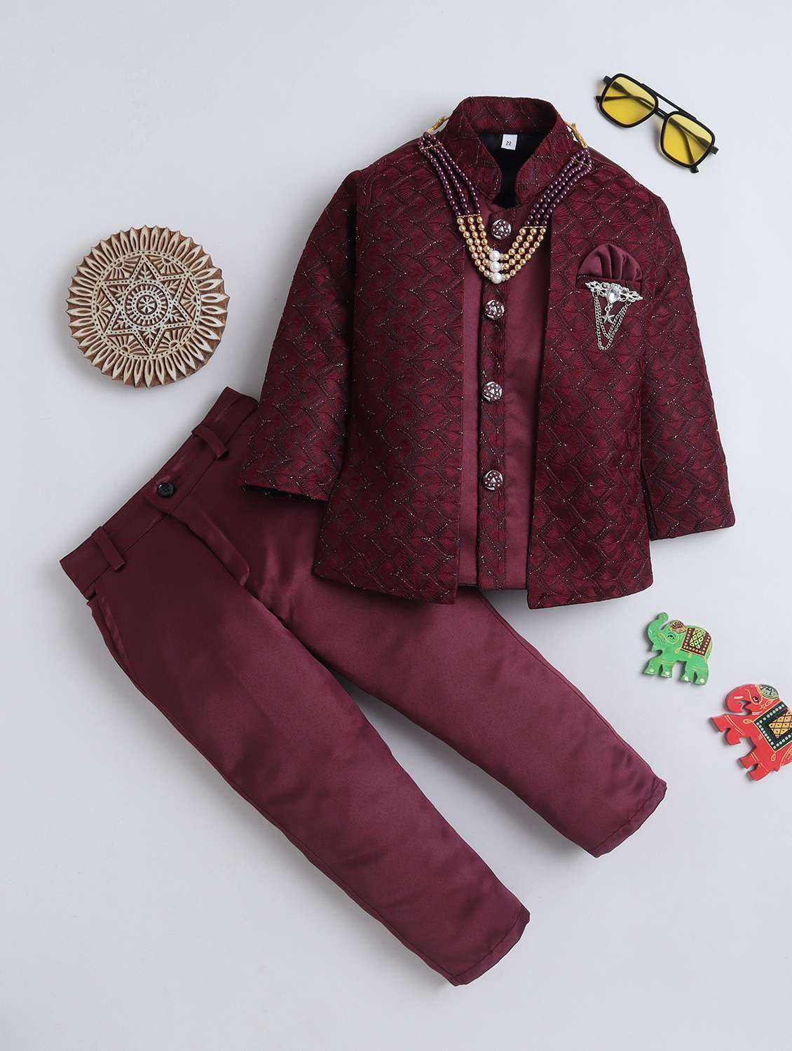 maroon polyester sherwani kurtas & kurta set
