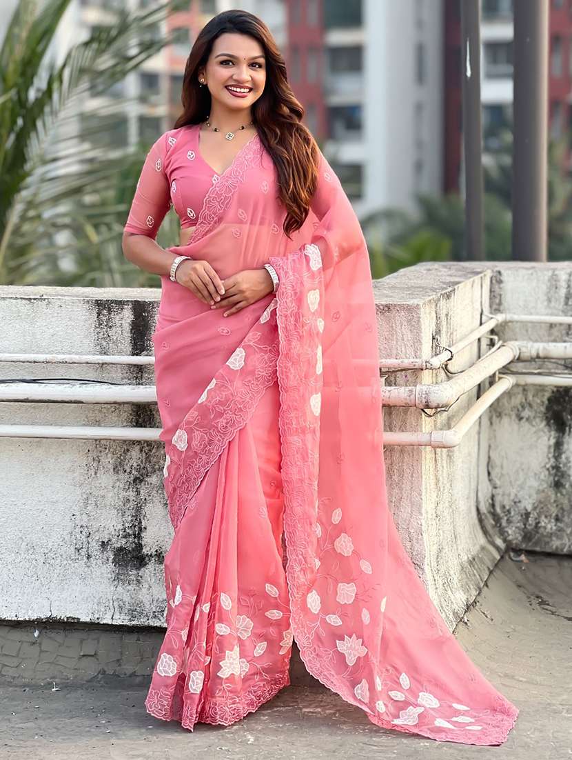 women solid with work embroidered saree with blouse - 22565500 -  Standard Image - 2