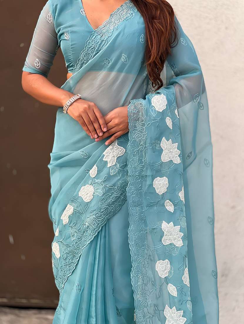women solid with work embroidered saree with blouse - 22565504 -  Standard Image - 2
