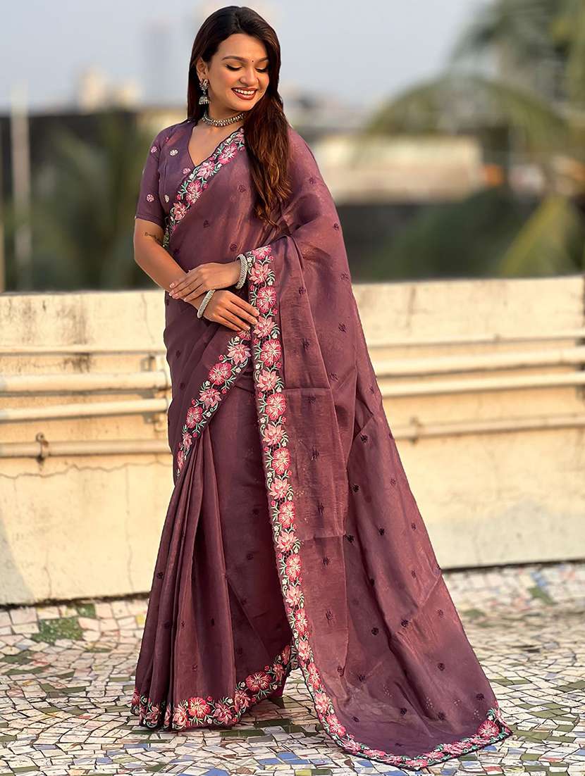 women solid with work embroidered saree with blouse - 22565512 -  Standard Image - 2
