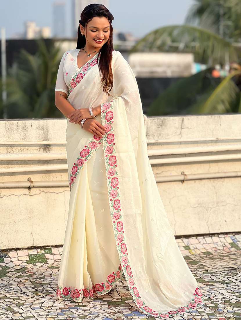 women solid with work embroidered saree with blouse