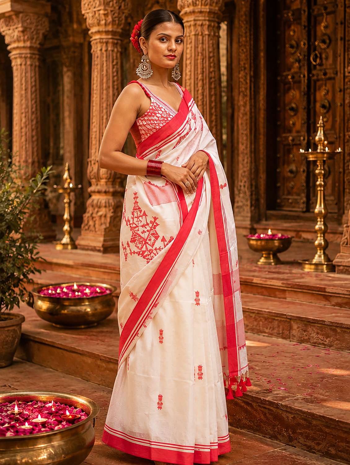 Women Printed Handloom Saree With Blouse - 22565732 -  Standard Image - 2