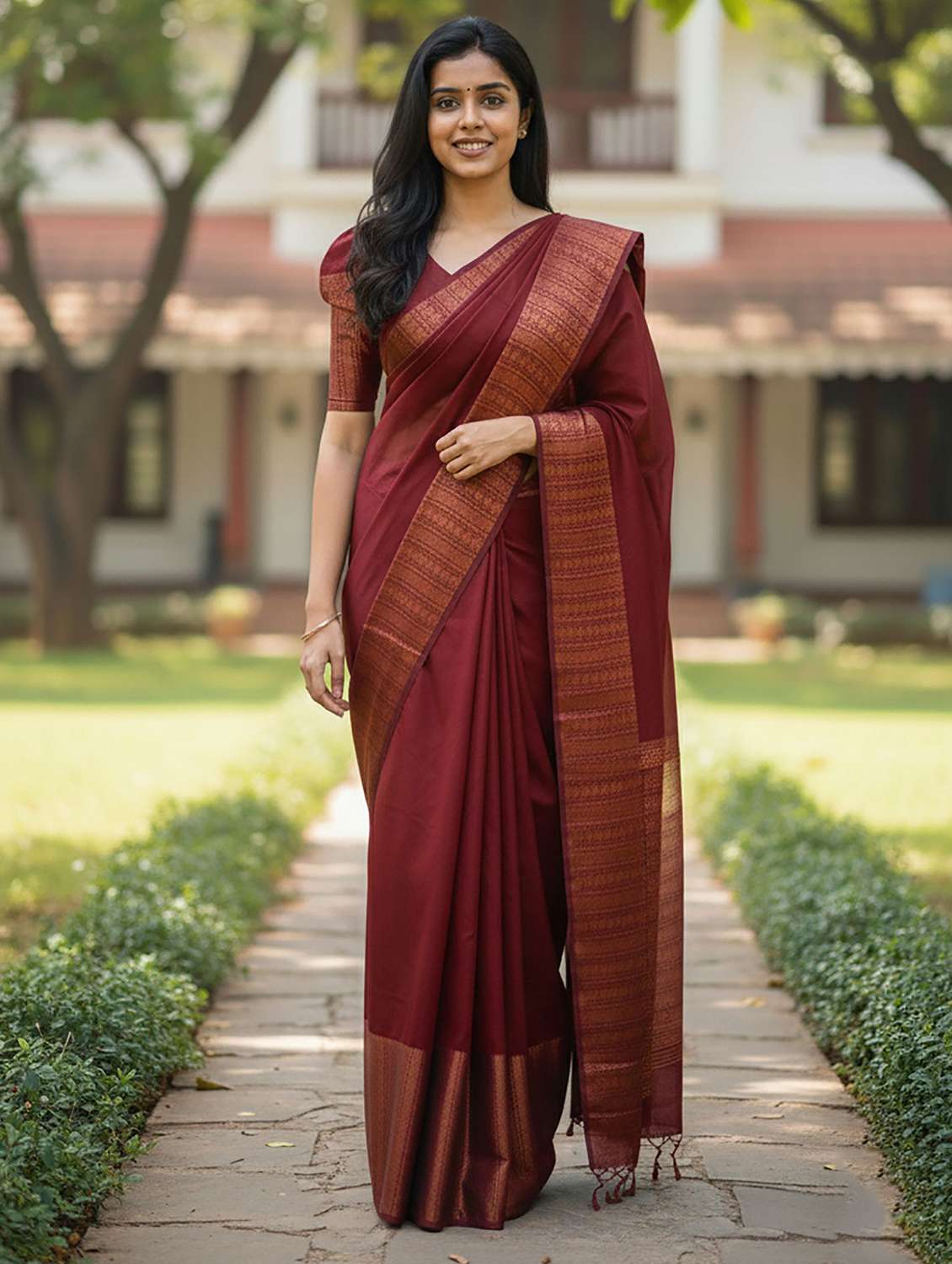women solid with bordered saree with blouse