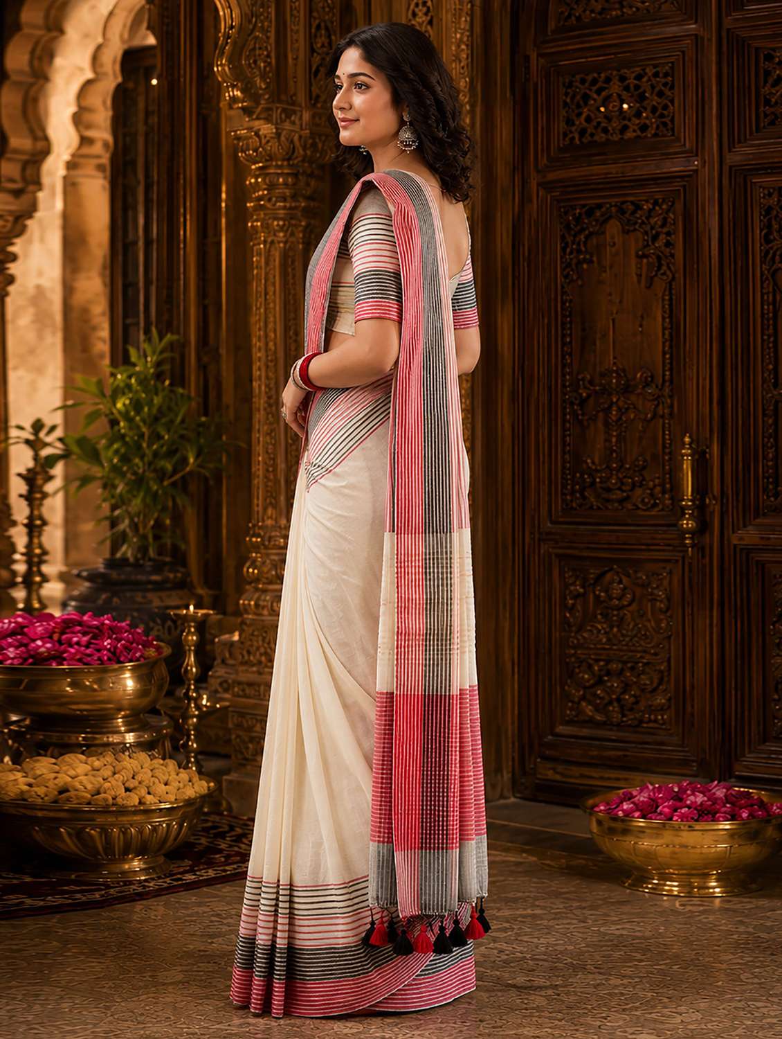 women solid with bordered handloom saree with blouse - 22566054 -  Standard Image - 2