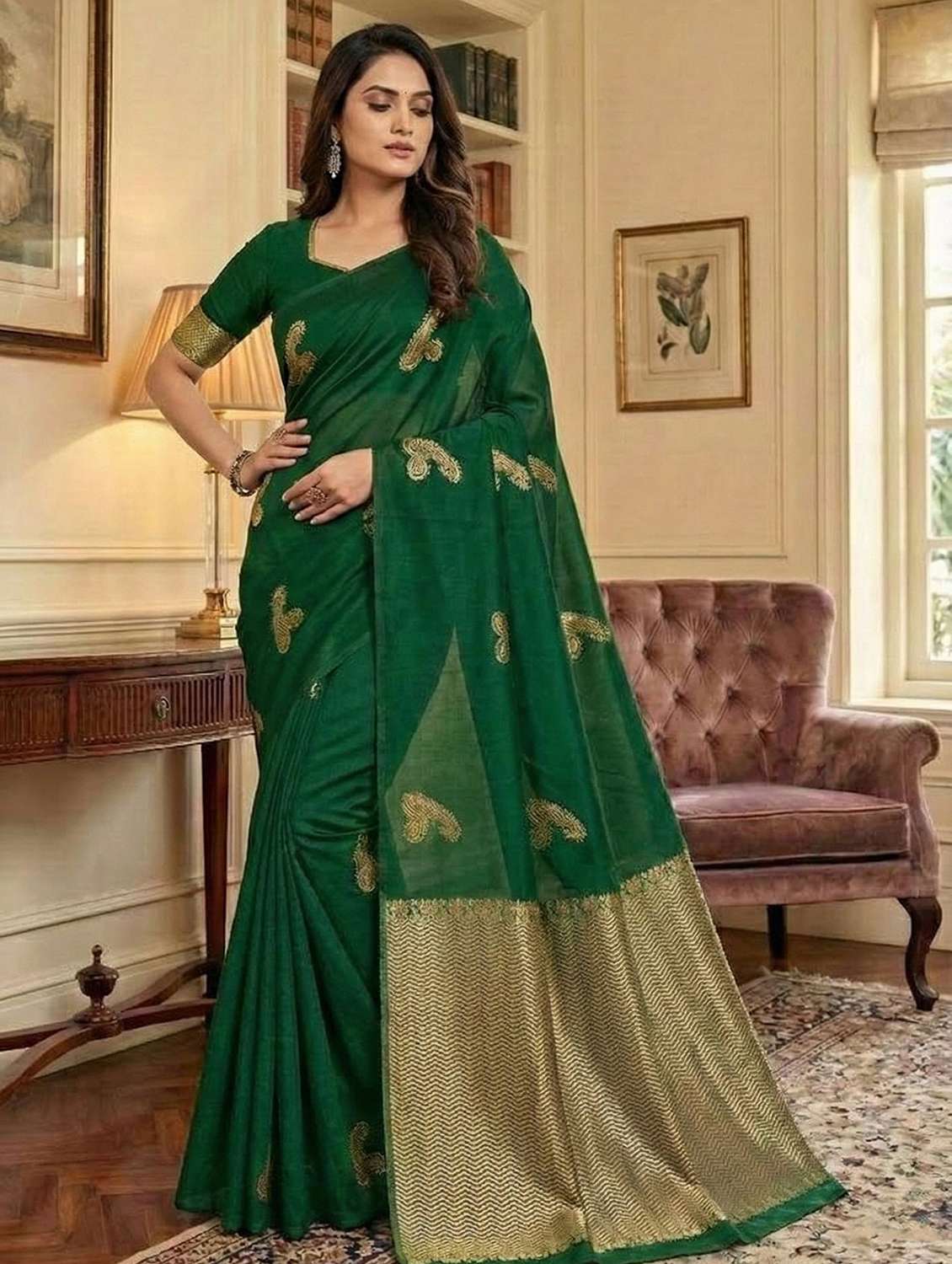 women solid with work embroidered saree with blouse