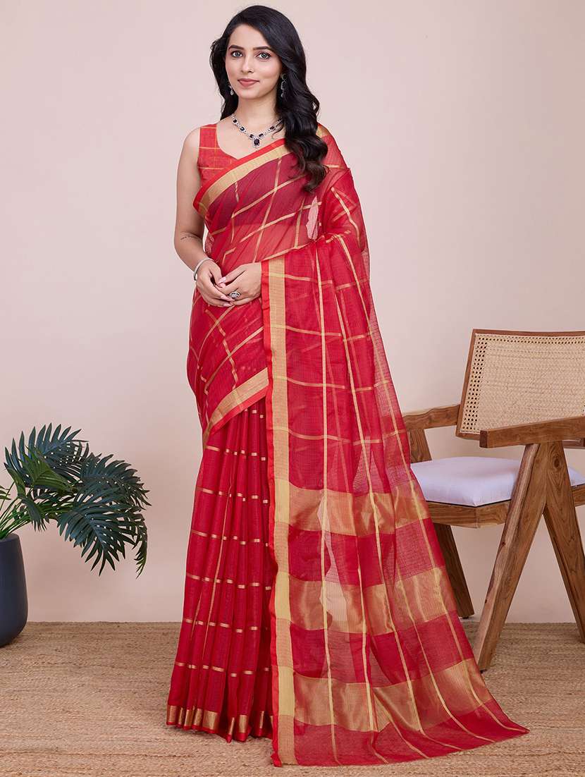 women checkered bordered saree - 22566347 -  Standard Image - 2