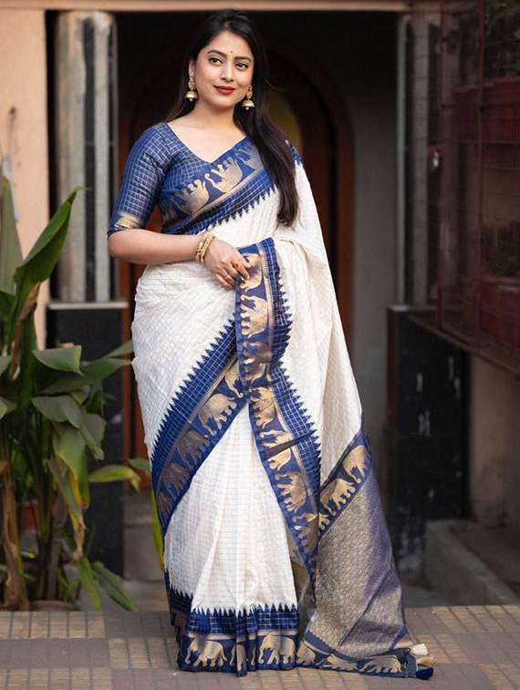 women checkered bordered saree with blouse