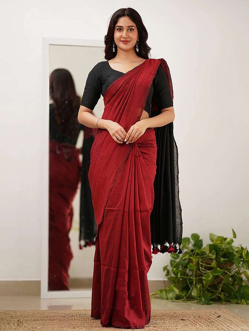 women solid handloom saree with blouse - 22567115 -  Standard Image - 2