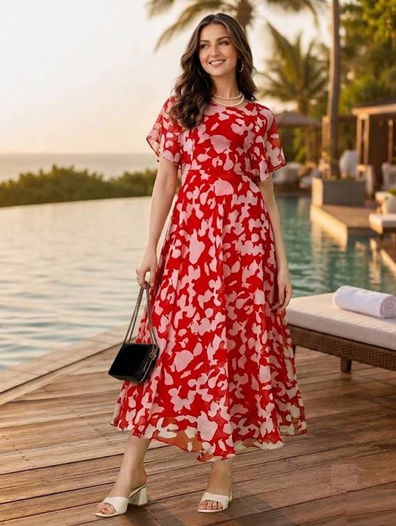 women printed short sleeves fit and flare dress
