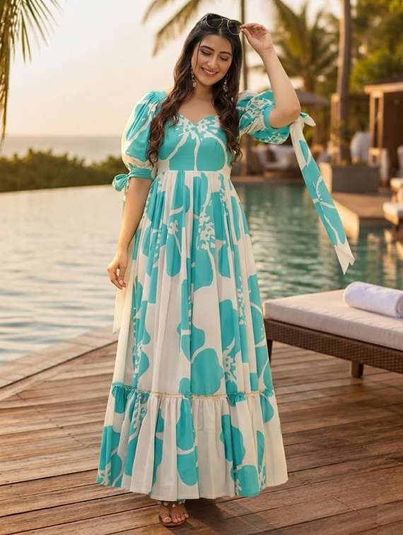 women printed puff sleeves tiered dress