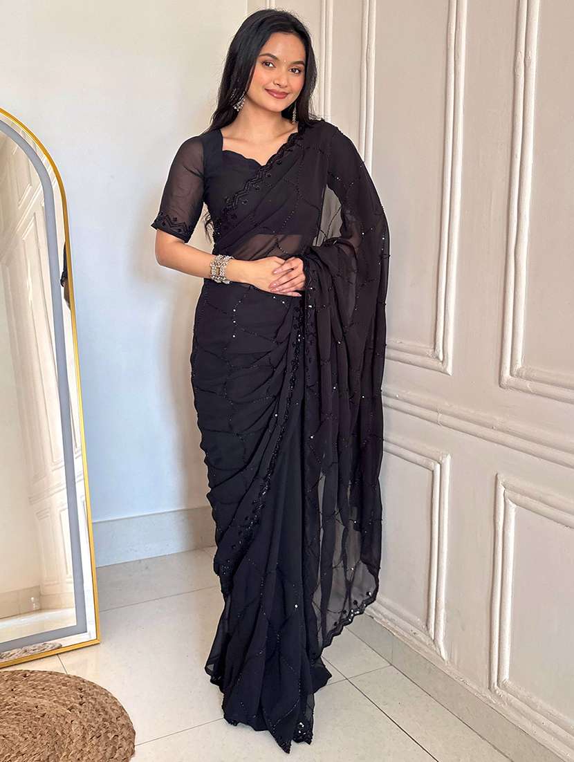 women solid with work embellished saree with blouse