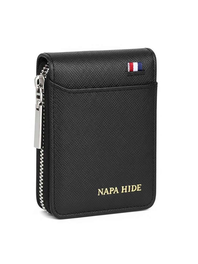 black leather zip closure wallet with 9 card slots