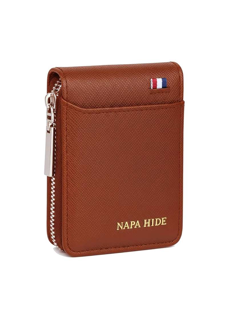 tan leather zip closure wallet with 9 card slots