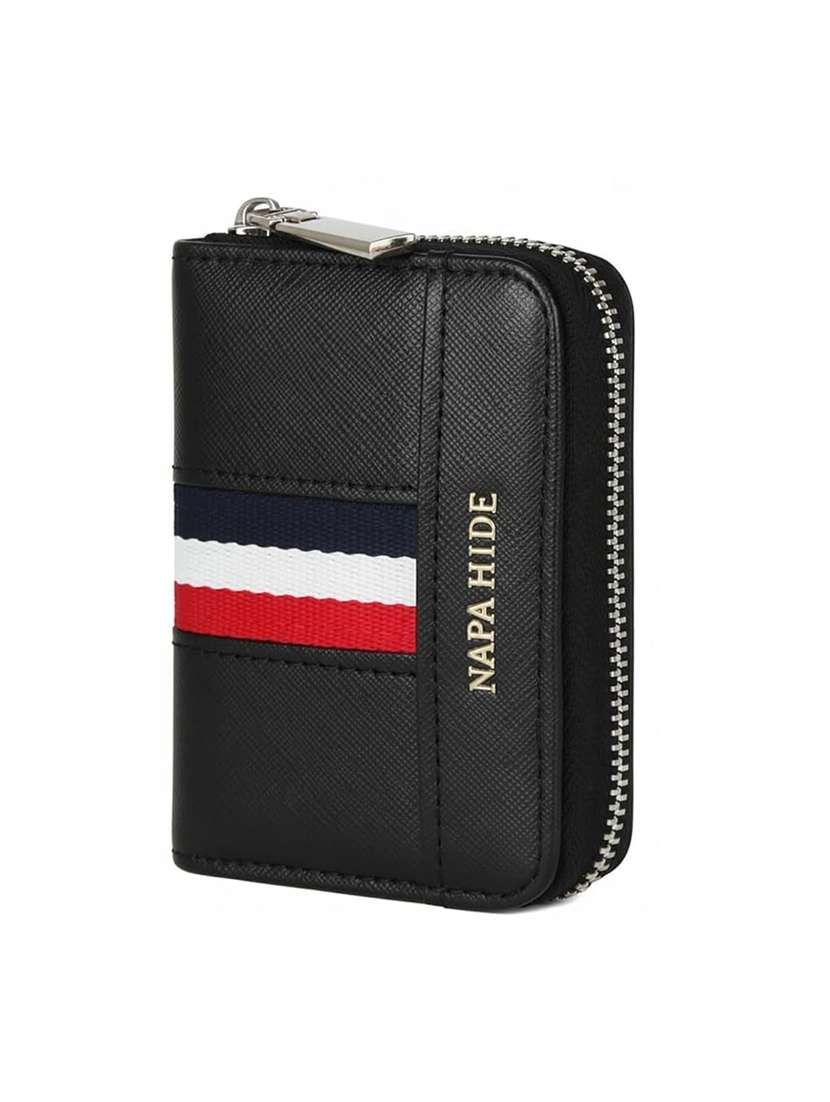 black textured leatherette wallet with zipper closure and stripes