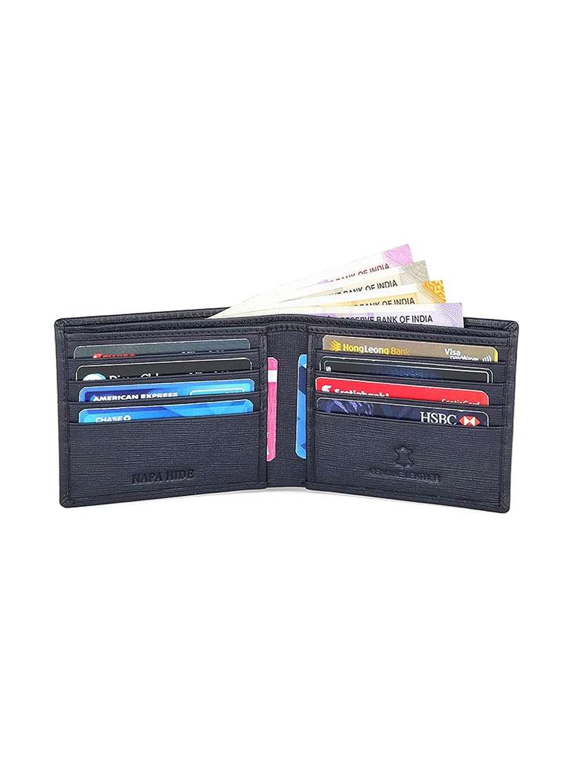 blue genuine leather bi-fold wallet with logo - 22567729 -  Standard Image - 2