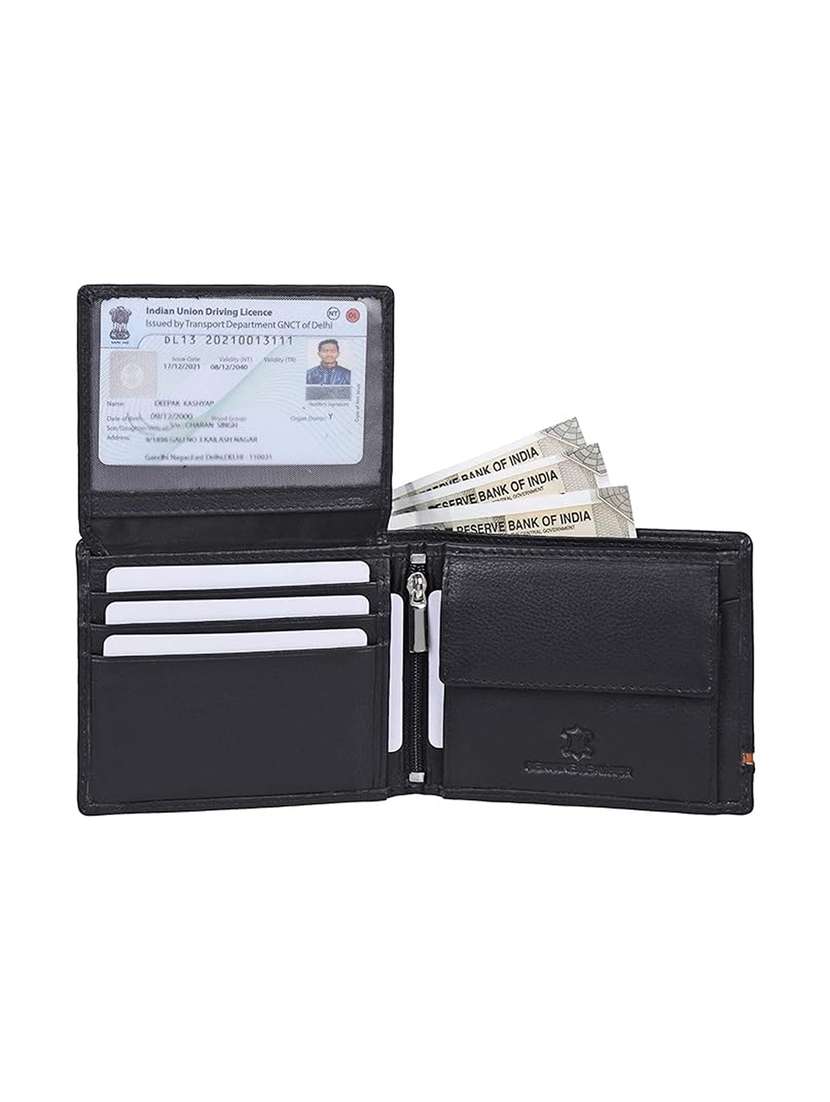 Black Leather Bi-fold Wallet With Orange Accent - 22567730 -  Standard Image - 2