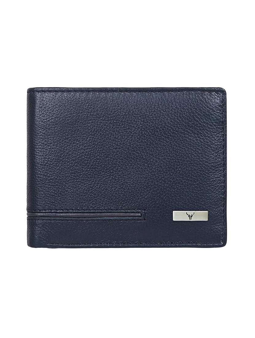 navy blue leather bi-fold wallet with zip pocket