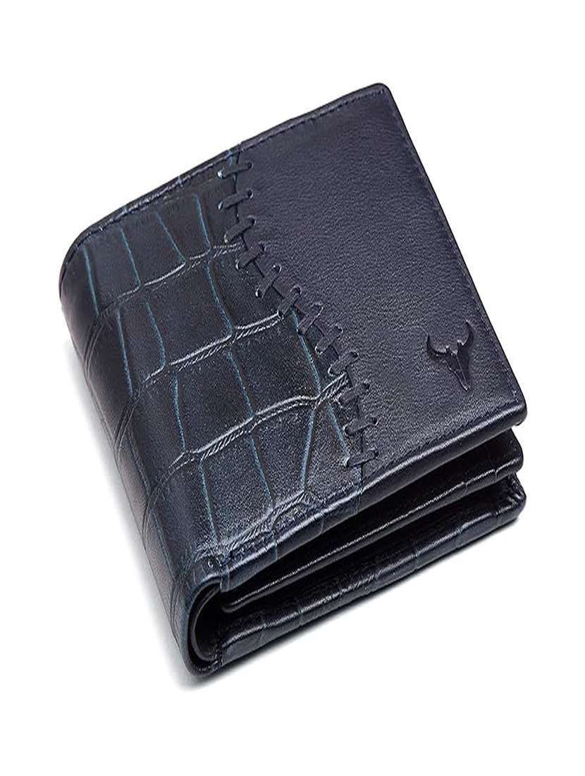 men blue textured leather bi-fold wallet