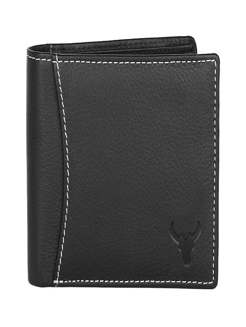 black genuine leather bi-fold wallet with zip and card slots