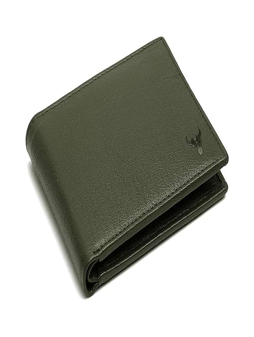 green leather bifold wallet with logo