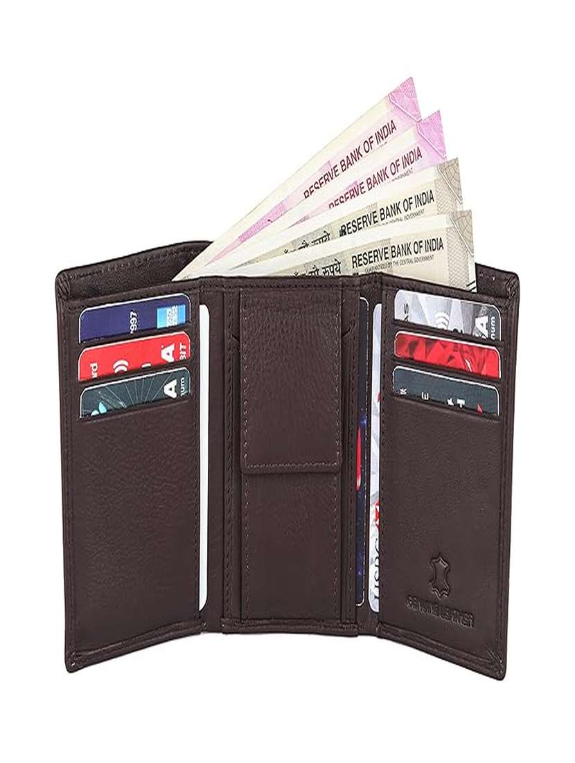 brown genuine leather tri-fold wallet with snap closure - 22567766 -  Standard Image - 2