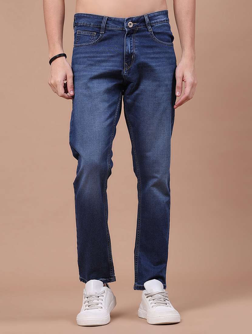 men washed mid rise full length slim fit jeans