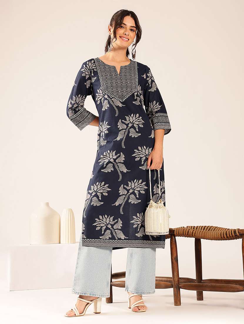 women printed three quarter sleeves straight kurta - 22569505 -  Standard Image - 2