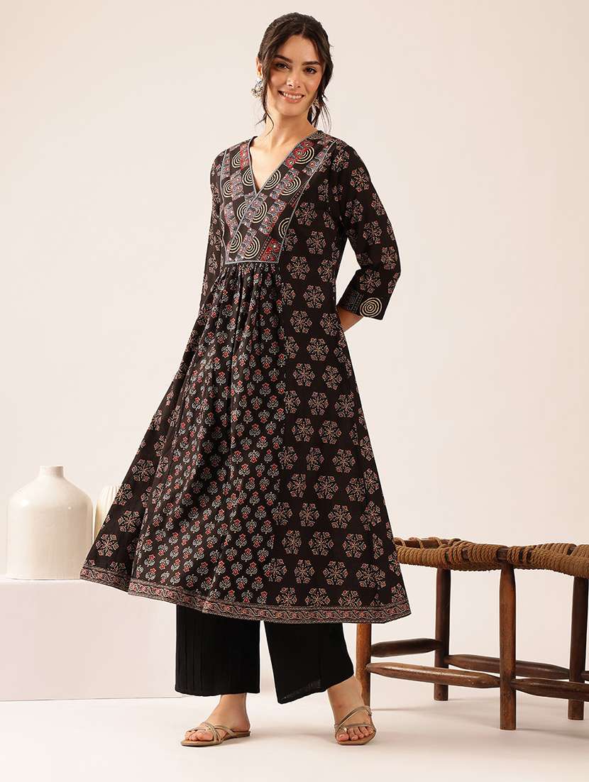 women printed three quarter sleeves a-line kurta - 22569507 -  Standard Image - 2
