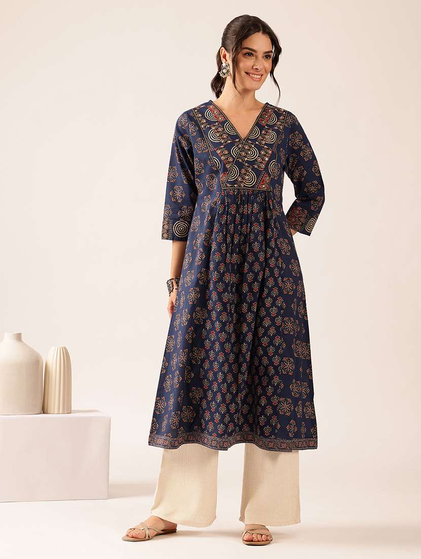 women printed three quarter sleeves a-line kurta - 22569508 -  Standard Image - 2