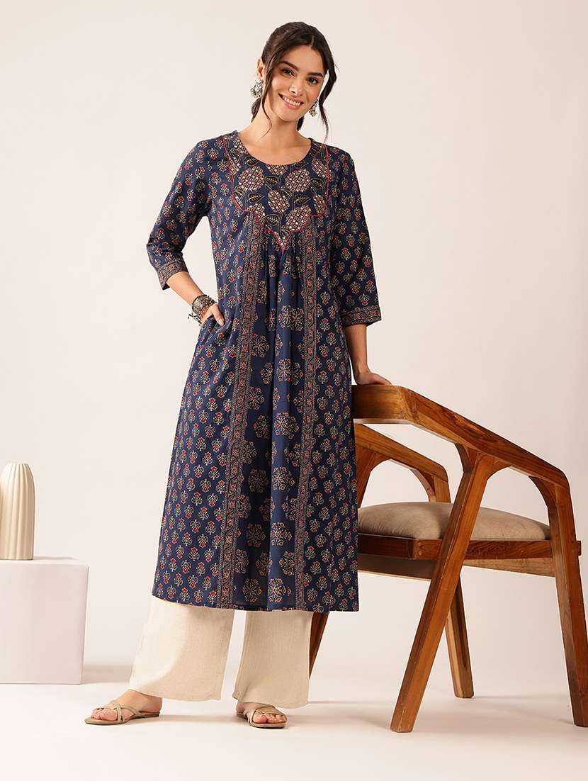 women printed three quarter sleeves a-line kurta