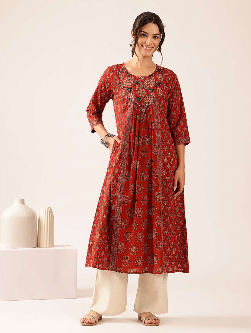 Women Printed Three Quarter Sleeves A-line Kurta - 22569512 -  Standard Image - 2