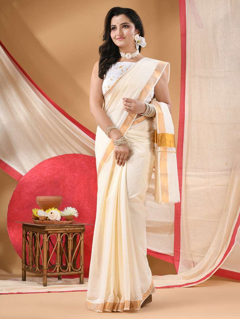 women solid kasavu saree with blouse - 22569687 -  Standard Image - 2