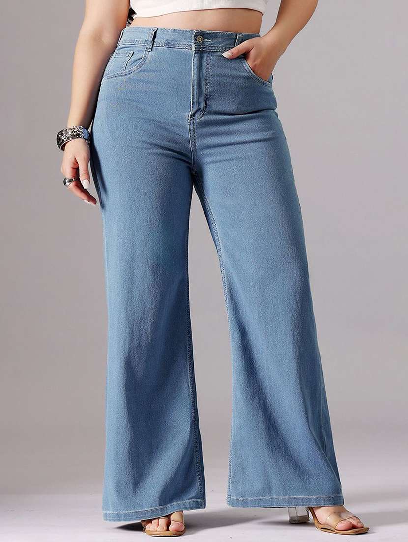 women solid high rise wide leg jeans